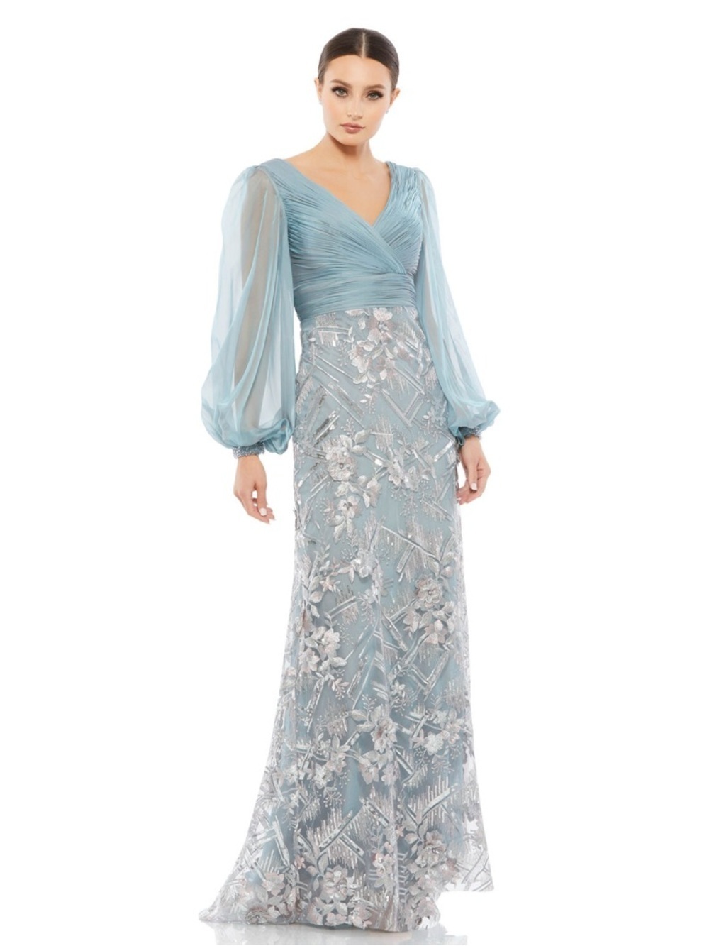 Mac Duggal 67886 Illusion Puff Sleeve Pleated Bodice Embellished Gown Sz 10 NWT